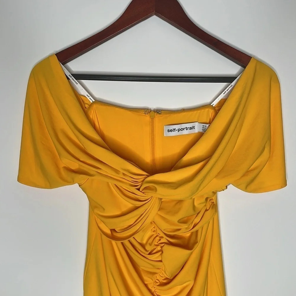 Self-Portrait Dress Bodycon Mini Size 8 Yellow Jersey Off-Shoulder Ruched - Picture 6 of 13